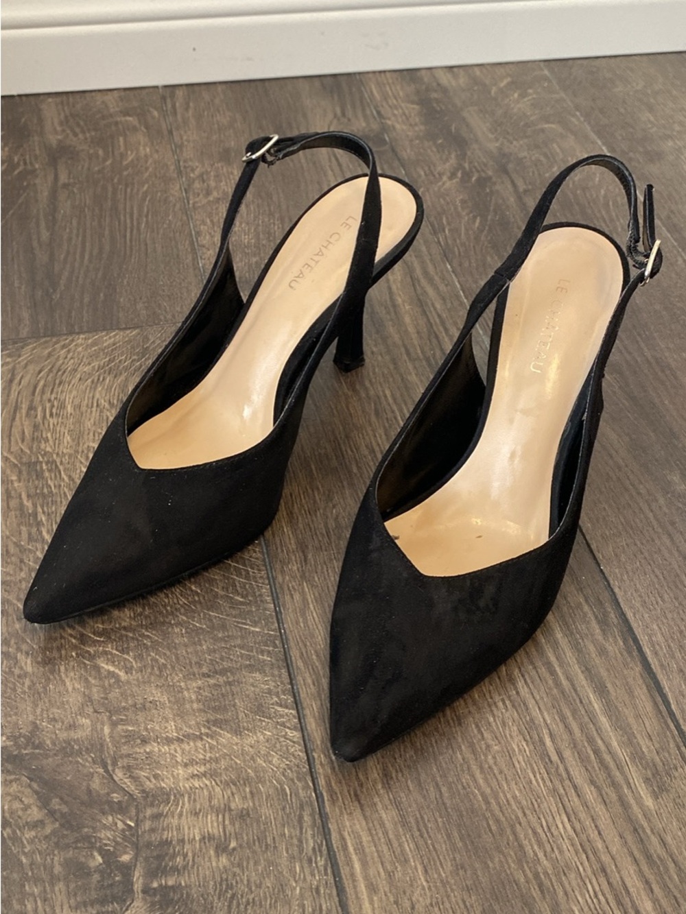 le chateau Black Suede Pointed Slingback Heels